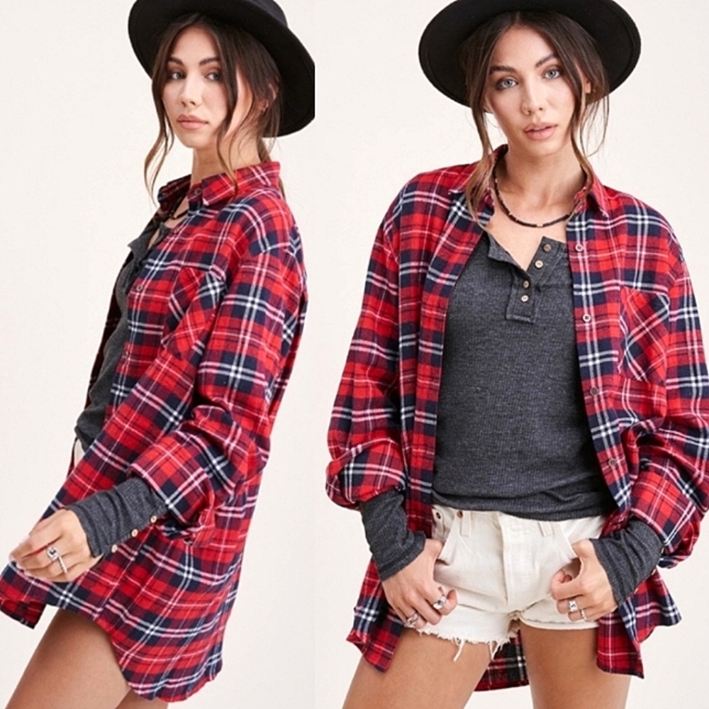 Oversized Button Down Long Sleeve Boho Plaid Boyfriend Shirt